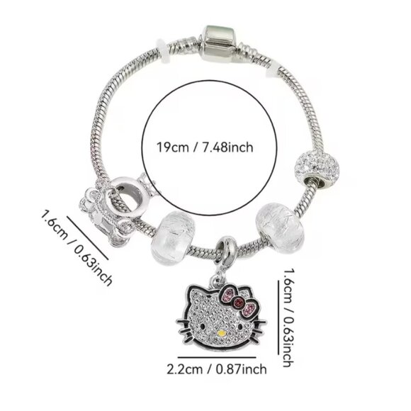Hello Kitty Crystal Pendant Bracelet Silver-Tone Snake Chain with Sparkle Beads - Picture 2 of 3